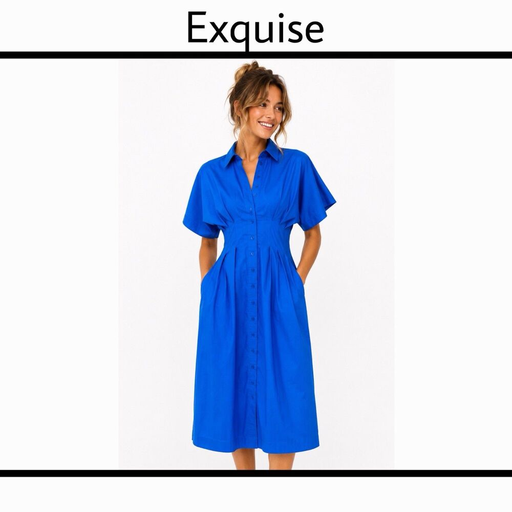 Anthropologie EXQUISE Imperial Blue Shirt Dress Midi Pleated Button Front Small